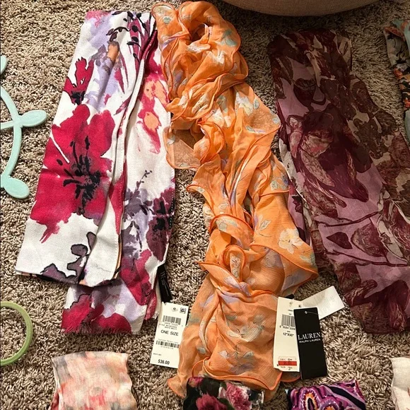 Bundle of 10 Scarves—all long rectangular approx 70” x 18” and 2 scarf hangers - Picture 3 of 9
